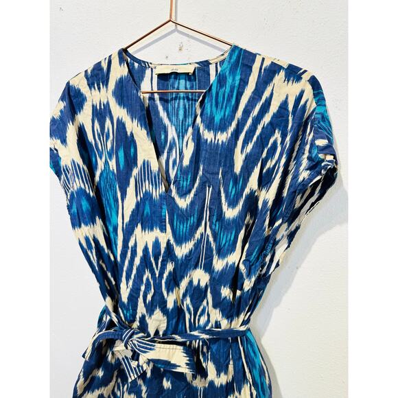VANESSA BRUNO Blue Printed 100% Cotton V-Neck Belted Amarillo Dress Size 42 - Picture 9 of 12